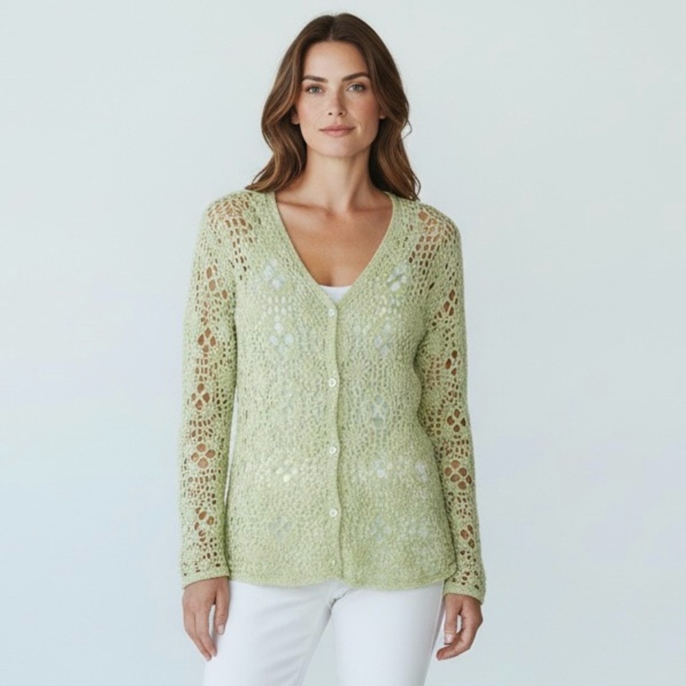 4/$40 Appleseed’s‎ Petites Sheer Crochet V-Neck Green Sweater Cardigan